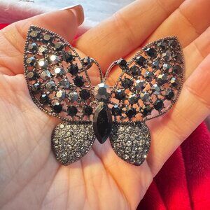 Black Crystal Butterfly Brooch Large Sparkly Statement Pin